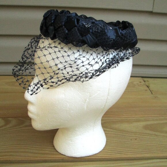 Vtg Fascinator Hat w/Intact Netting Navy Blue 1950's-60's - Picture 6 of 6